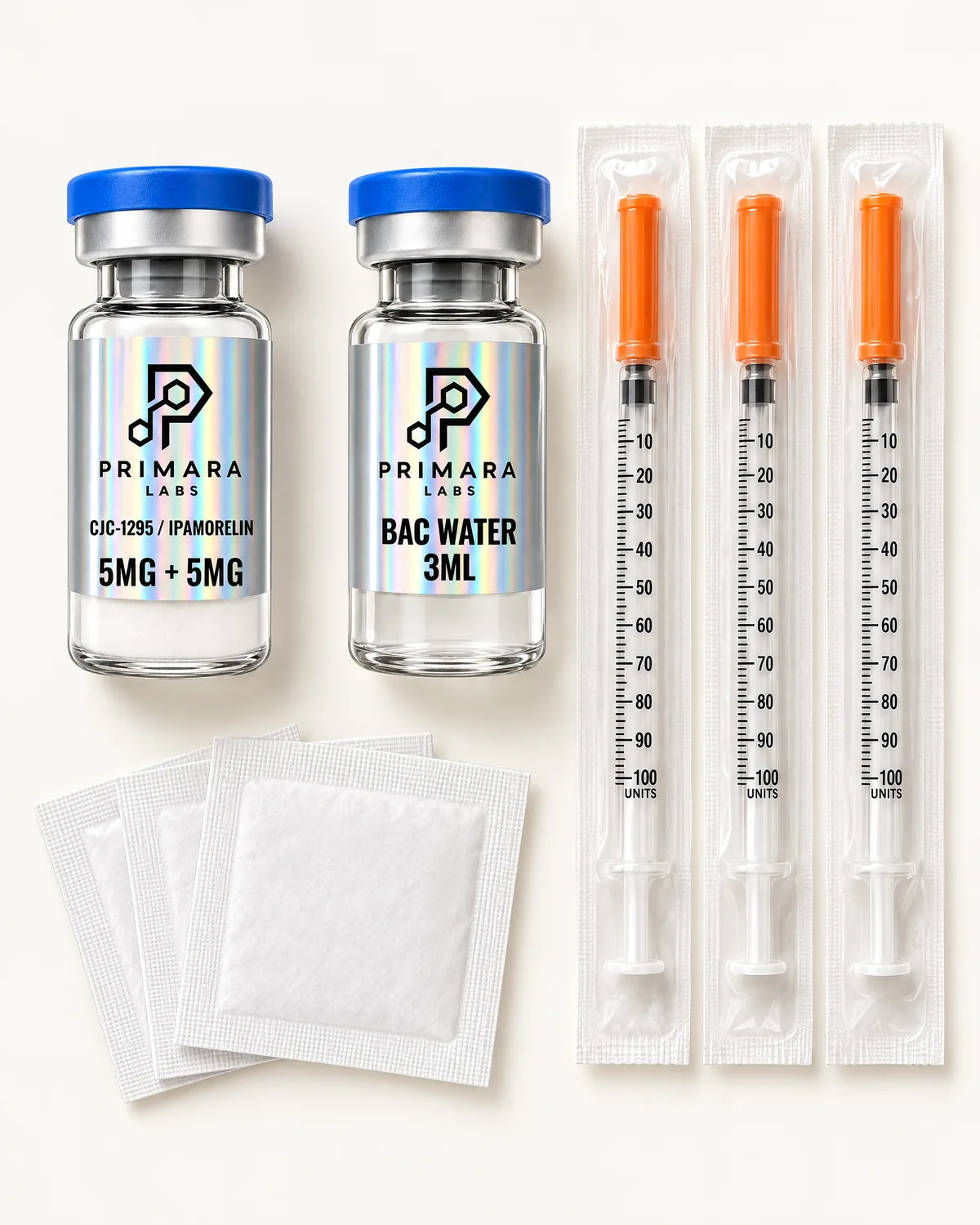 CJC-1295 / Ipamorelin 5mg + 5mg with bacteriostatic water, syringes and alcohol pads