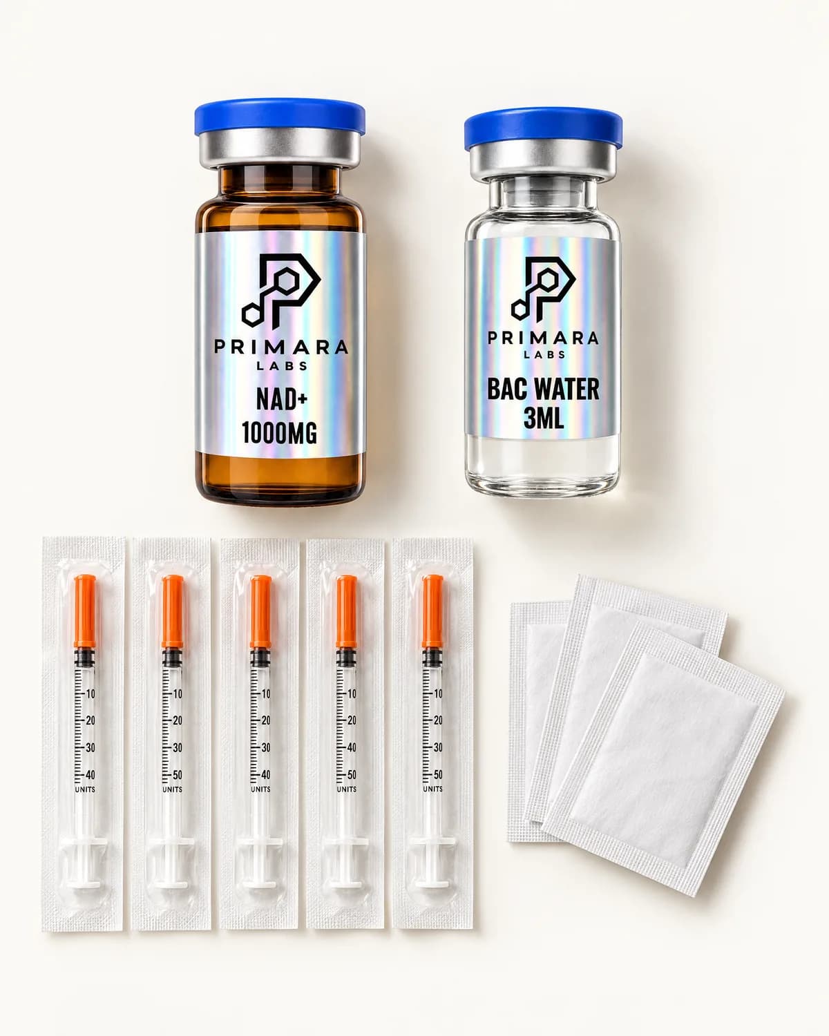 NAD+ 1000mg with bacteriostatic water, syringes and alcohol pads