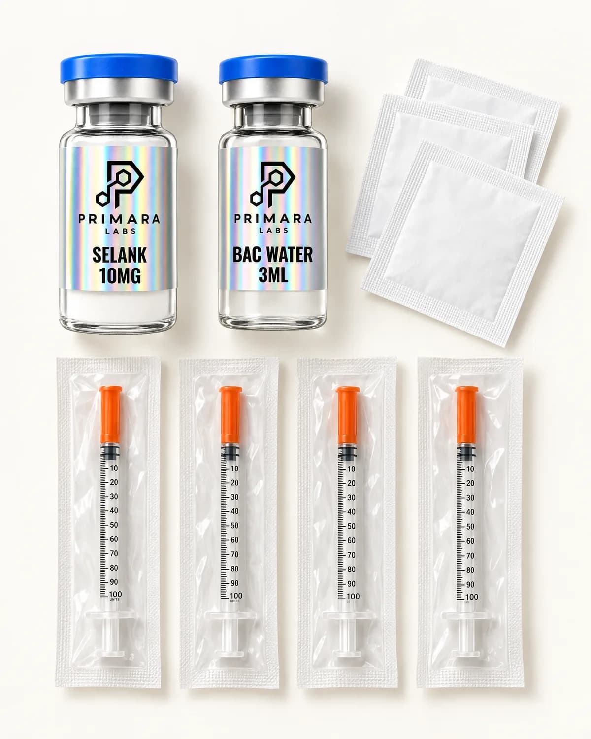 Selank 10mg with bacteriostatic water, syringes and alcohol pads