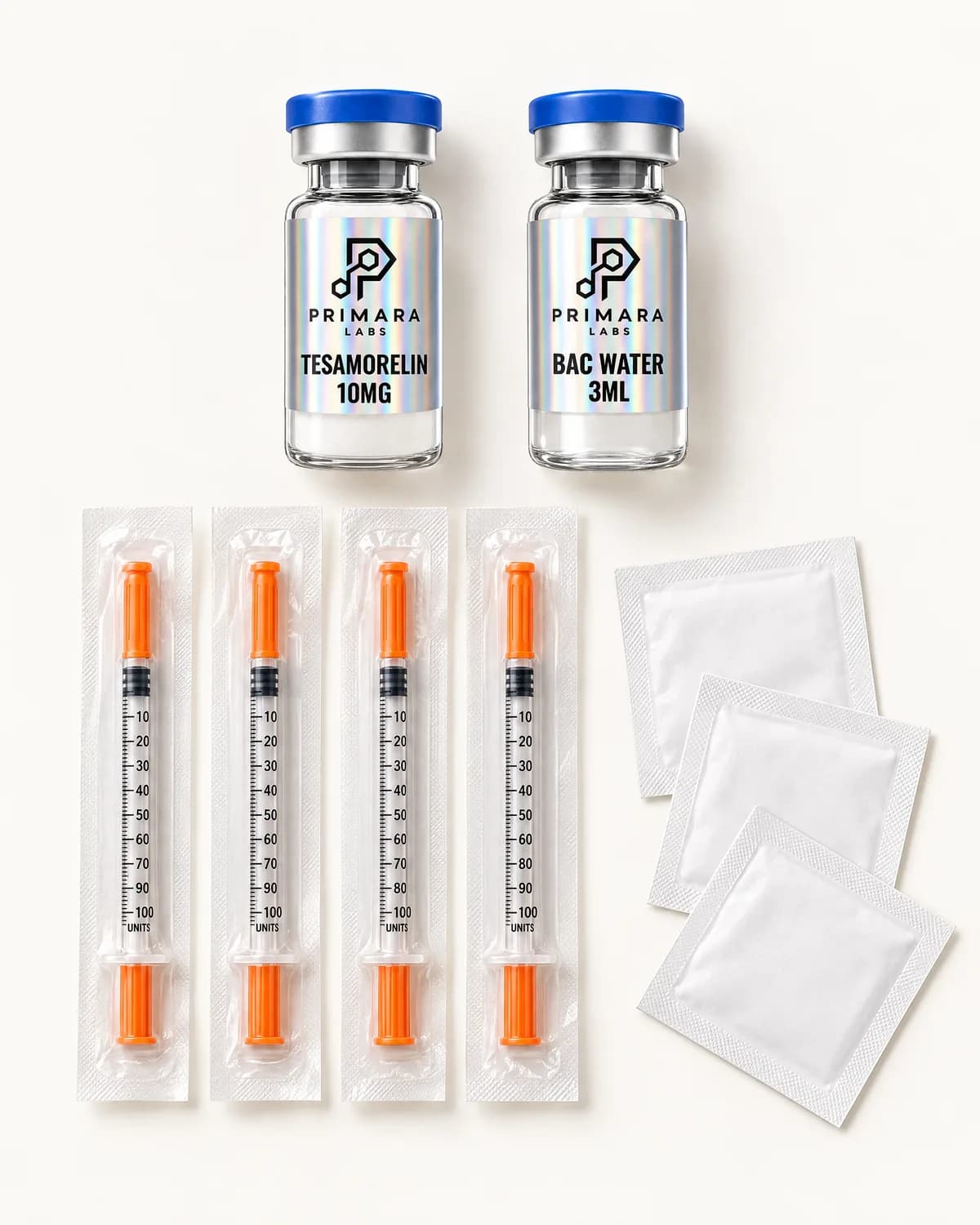 Tesamorelin 10mg with bacteriostatic water, syringes and alcohol pads
