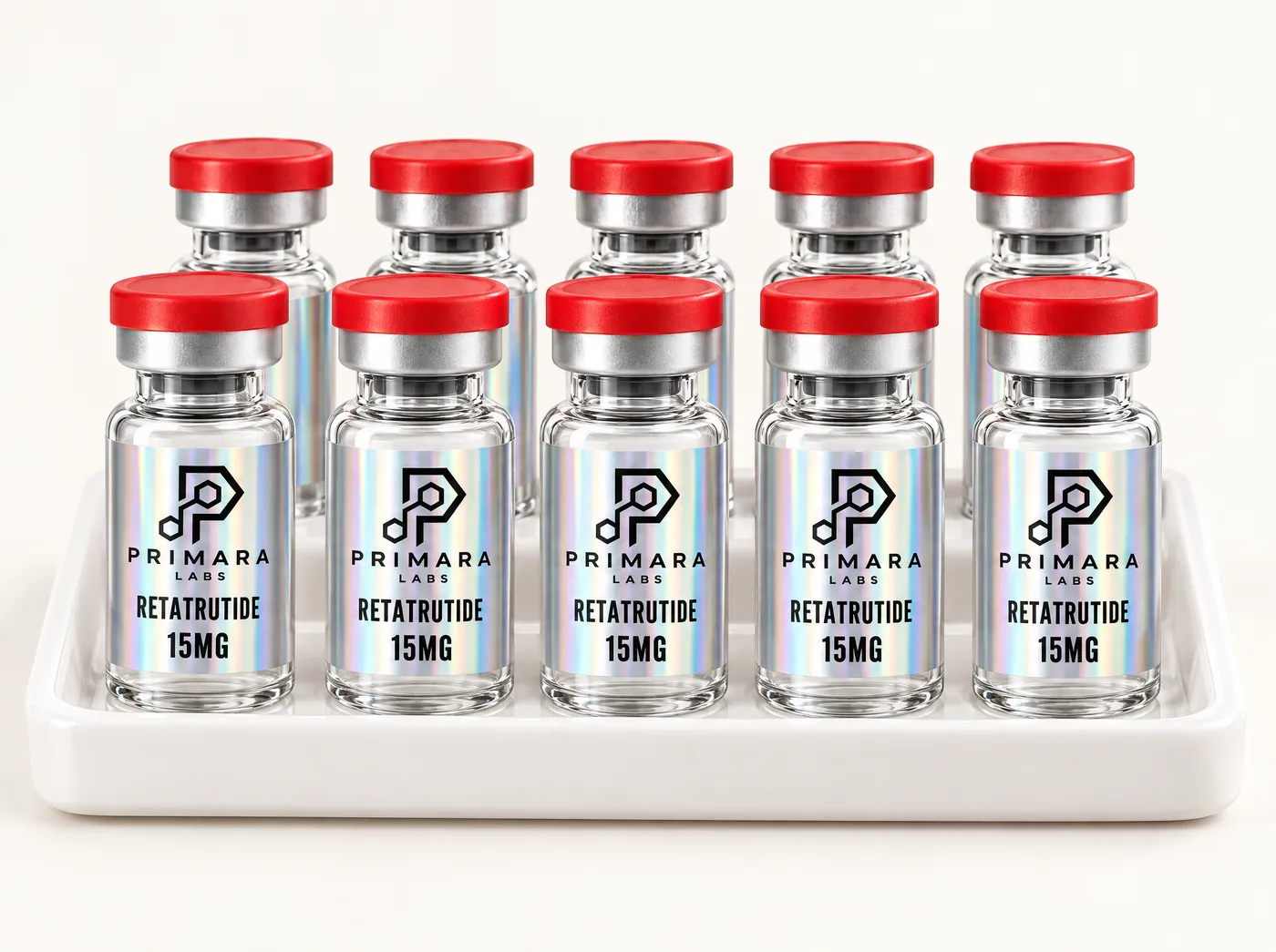 Ten Retatrutide 15mg vials in two rows on a white tray