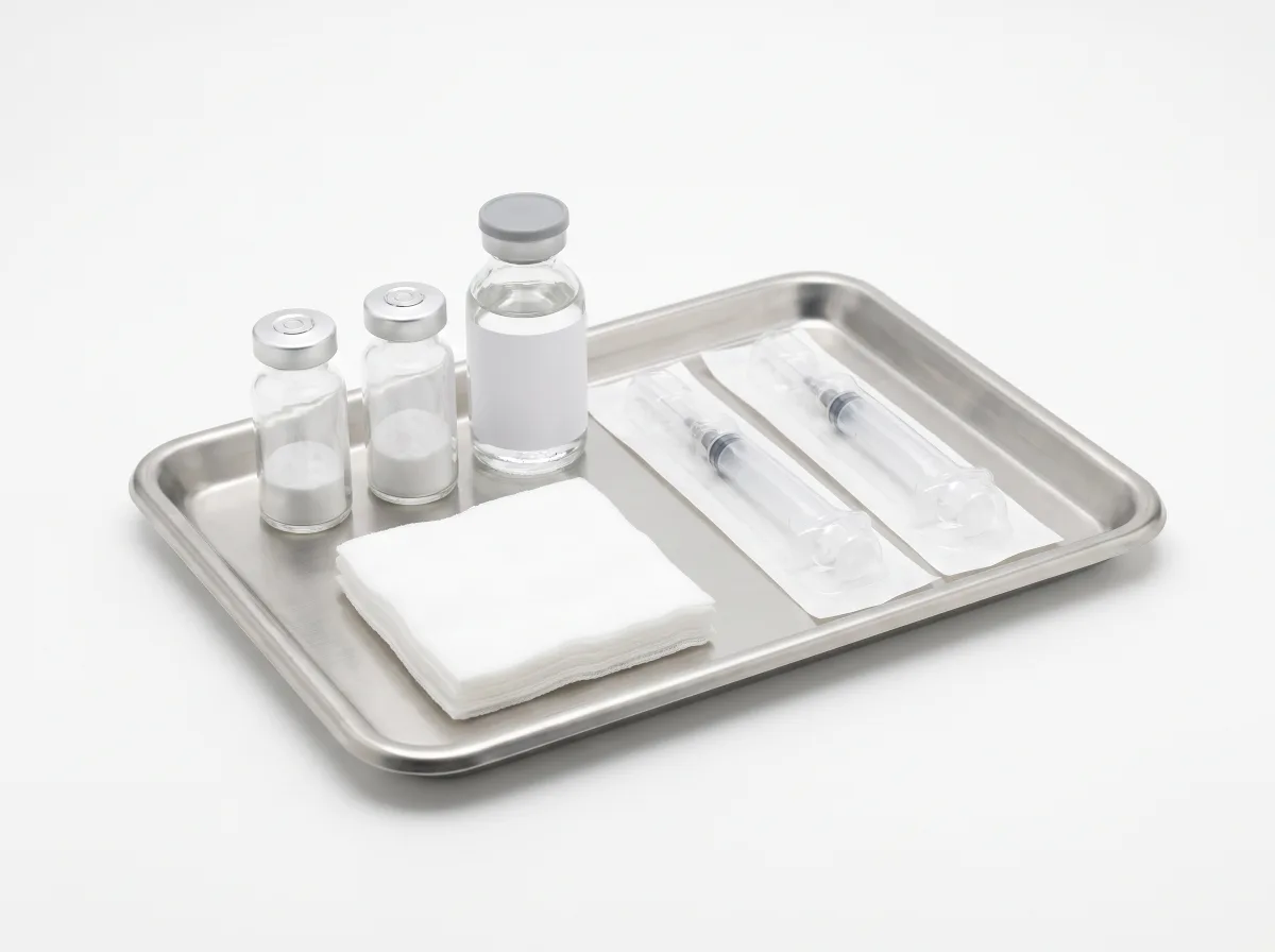 Stainless steel clinical preparation tray holding three lyophilised vials with silver crimp caps, a bottle of sterile water, sealed syringes and folded gauze