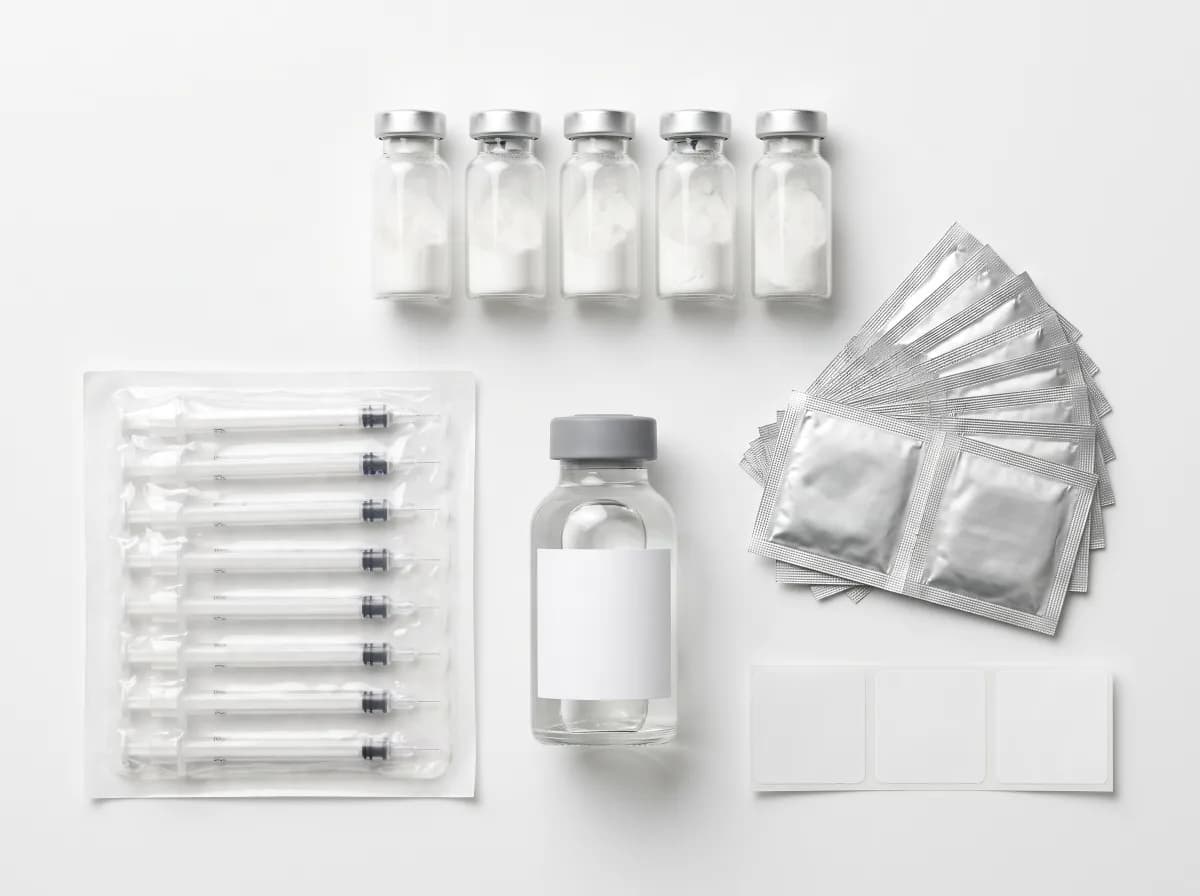 Flat lay of a research supply kit: five lyophilised vials with silver crimp caps, a 30ml bottle of bacteriostatic water, sealed insulin syringes, alcohol prep pads and blank labels